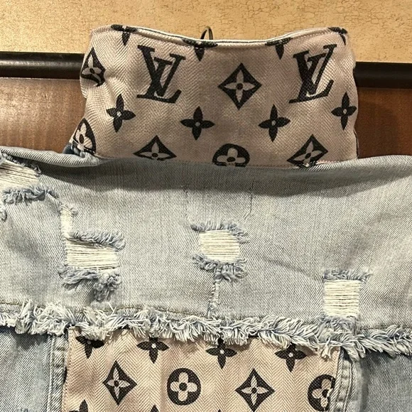 NWT heavily distressed denim jacket w/ Louis Vuitton tan and black scarf print. - Picture 10 of 10